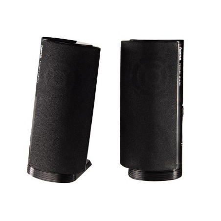 Altavoz estéreo con conexión USB A y Jack de 3,5mm, control de volumen integrado, color negro.