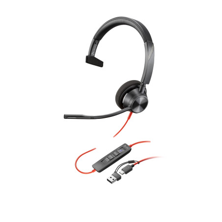 Auriculares monoaurales Poly Blackwire 3310 con certificación Microsoft Teams USB-C + Adaptador USB-C/A