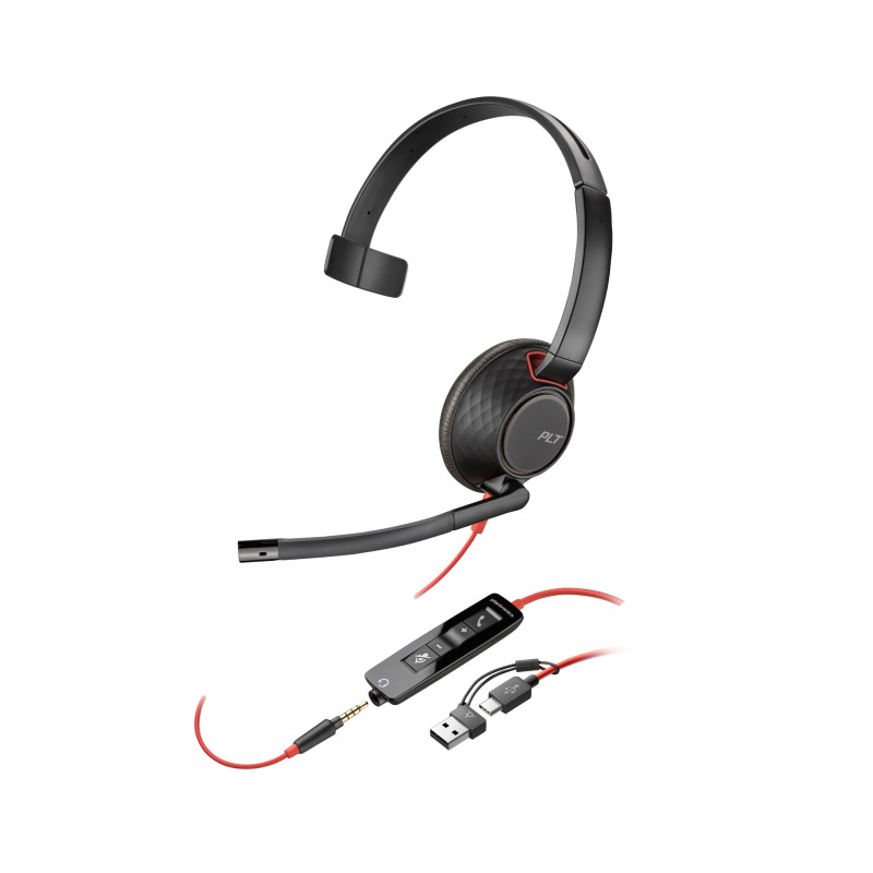 Auriculares Poly Blackwire 5210 monaural USB-C + conector de 3,5 mm + adaptador USB-C/A (paquete)