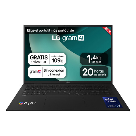 Gram 17ZD90T-G.AX88B ordenador portatil Intel Core Ultra 7 255H Portátil 43,2 cm (17) WQXGA 32 GB LPDDR5x-SDRAM 1 TB SSD Wi-Fi 7 (802.11be) FreeDOS Español Negro